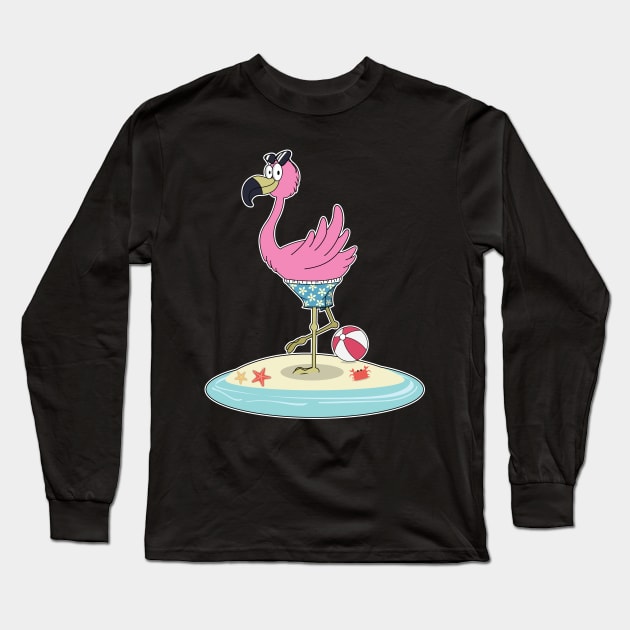 Happy Cute Pink Flamingo In Swim Shorts and Beach Ball Design Gift Idea Long Sleeve T-Shirt by c1337s